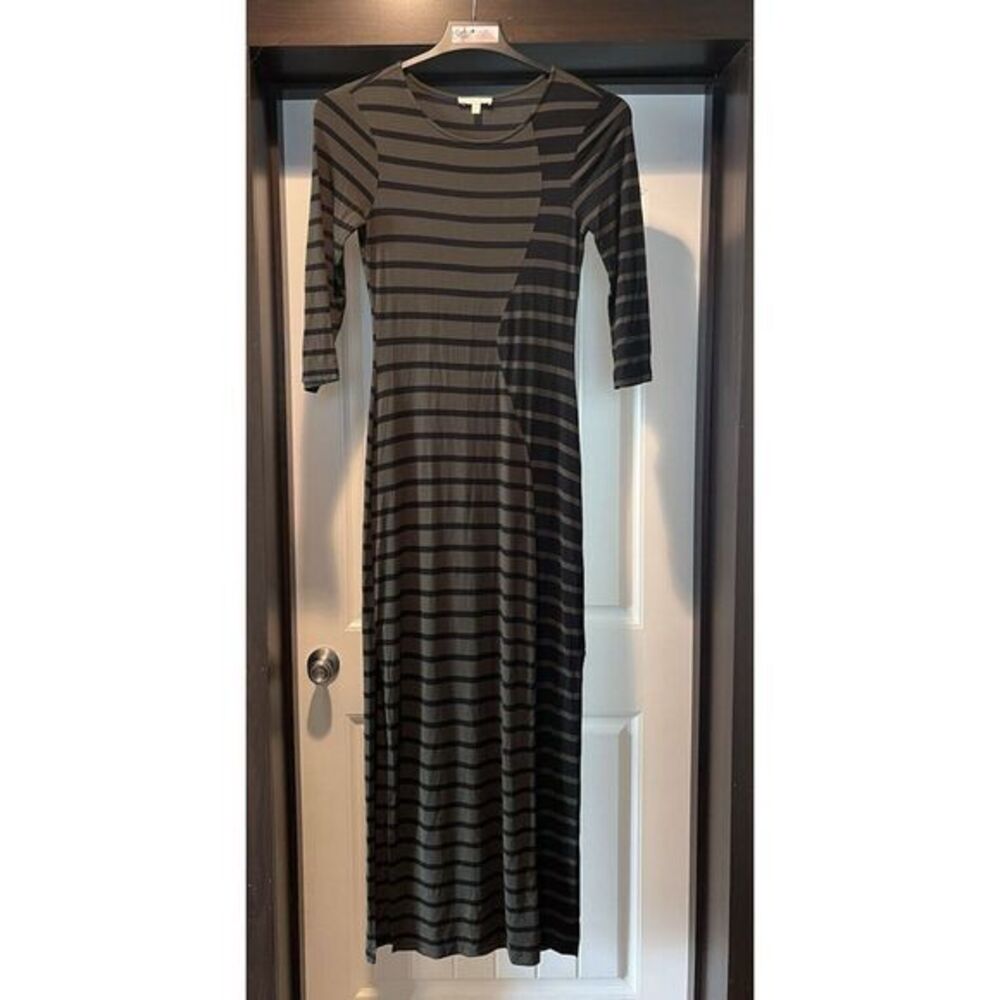 Spense Women's Size‎ Medium Green Black Striped Fitted Maxi Dress w/Side Slits
